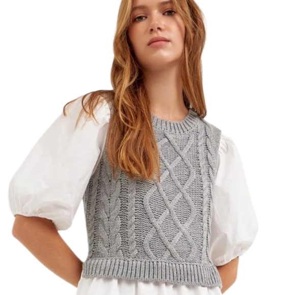 Anthropologie English Factory Wht/Gray Cable Knit Puff Sleeve Tier Ruffle Dress - Picture 14 of 17